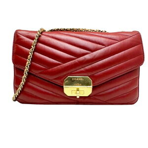 CHANEL Gabriel Chain Shoulder Bag Lambskin Red Beige